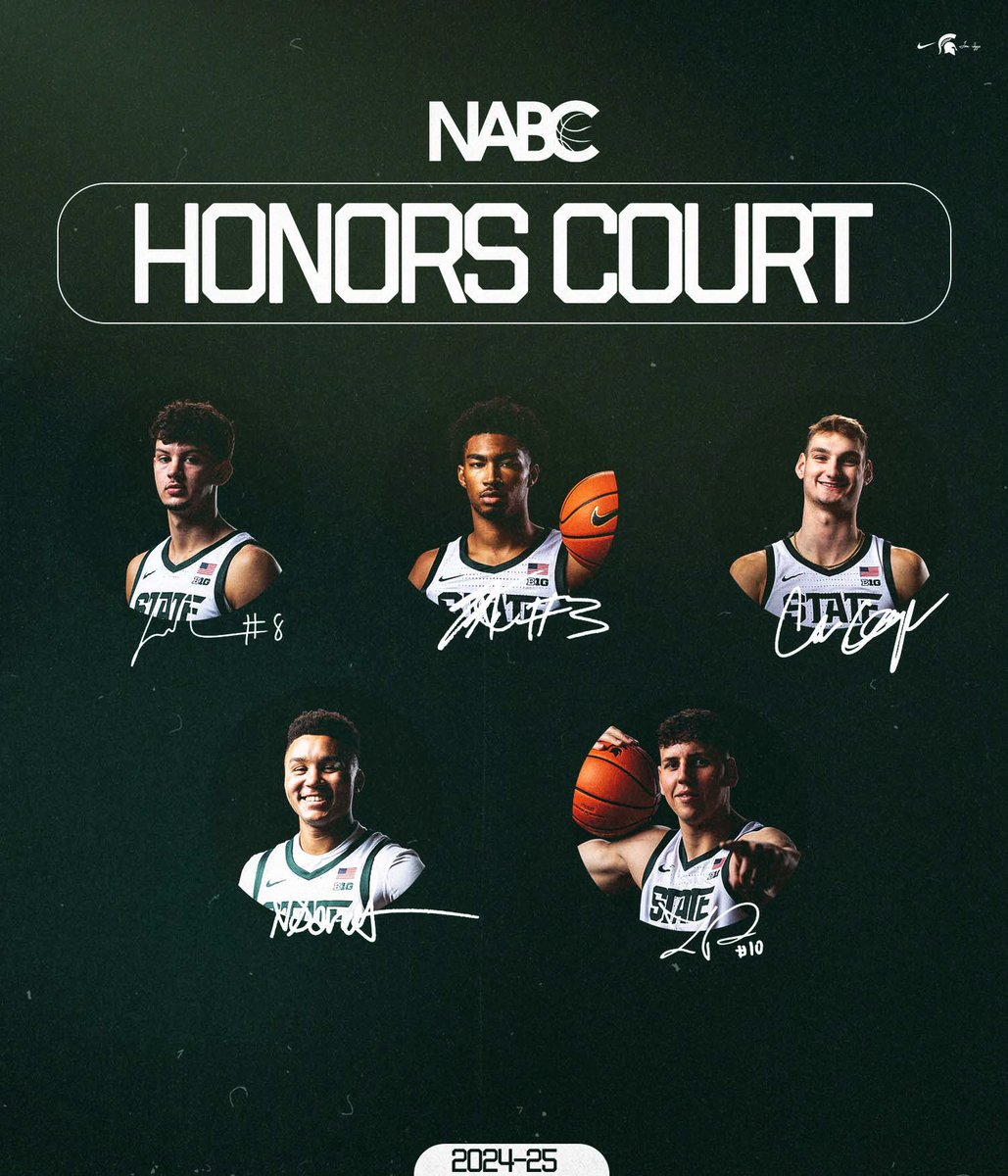 MSU_Basketball's tweet image. The 2024-25 squad earned the Team Academic Excellence award from the NABC and Coop, Frankie, JA, Nick, and Szymon all received NABC Honors Court recognition 👏