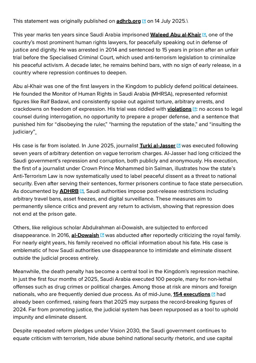WaleedAbulkhair's tweet image. A report by @IFEX on the ongoing detention of Waleed Abu al-Khair
@ADHRB @ALQST_ORG @ALQST_En