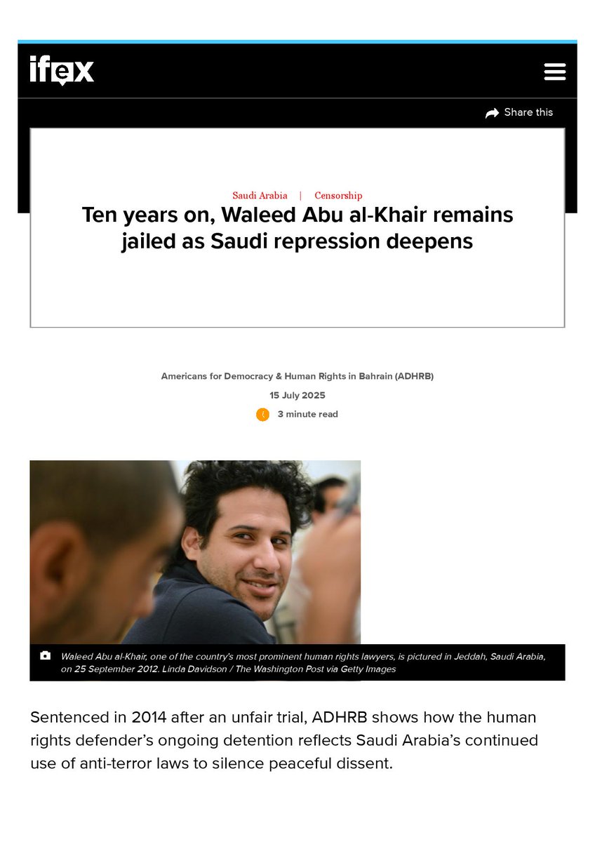 WaleedAbulkhair's tweet image. A report by @IFEX on the ongoing detention of Waleed Abu al-Khair
@ADHRB @ALQST_ORG @ALQST_En