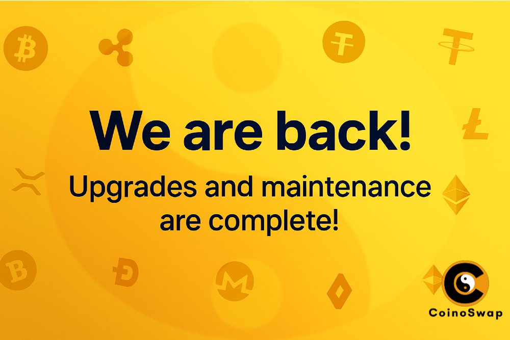CoinoSwap's tweet image. Thank you for your patience. We happy to advise that we are back online.
Our necessary server upgrades to improve speed and overall user experience are complete.
Log onto: coinoswap.com
#CoinoSwap #Crypto #CryptoTrader