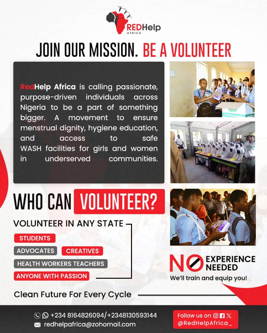 RedHelpAfrica_'s tweet photo. Be part of our volunteer team advocating for safe, dignified menstrual hygiene management and WASH programs for young girls and children in Africa undeserved communities.
Be a volunteer or coordinator 👇🏿
https://t.co/LknUPK4FAG
@theonly1acre
#MenstrualHygiene #WASHProgram https://t.co/VcAoLDrjbu
