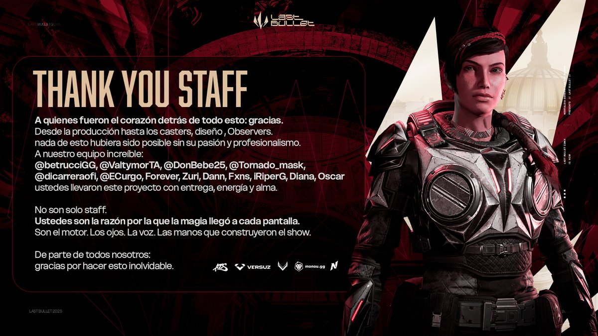 Tee Gaming (@teegamingorg) on Twitter photo GRACIAS
Staff presencial Last Bullet: Championship
📋Broadcast director: <a href="/BetrucciGG/">Betrucci</a>
📹Broadcast : #Forever y #Zuri
🎨GFX: Diana y <a href="/ECurgo/">EDDIE CURGO</a>
🧐Observers: <a href="/iRiperG/">RiperG ✪</a>, Dann y <a href="/iFxns_/">iFxns</a>
Talento: 🎙️🎧
<a href="/ValtymorTA/">ValtymorTA 🌺</a>
<a href="/DonBebe25/">Don Bebé</a>
<a href="/Tornado_Mask/">Tornado Mask🌪🇲🇽🎙</a>
<a href="/DiCarreraOfi/">Luis Carrera | Dica</a>
Presentado por: GRACIAS
Staff presencial Last Bullet: Championship
📋Broadcast director: <a href="/BetrucciGG/">Betrucci</a>
📹Broadcast : #Forever y #Zuri
🎨GFX: Diana y <a href="/ECurgo/">EDDIE CURGO</a>
🧐Observers: <a href="/iRiperG/">RiperG ✪</a>, Dann y <a href="/iFxns_/">iFxns</a>
Talento: 🎙️🎧
<a href="/ValtymorTA/">ValtymorTA 🌺</a>
<a href="/DonBebe25/">Don Bebé</a>
<a href="/Tornado_Mask/">Tornado Mask🌪🇲🇽🎙</a>
<a href="/DiCarreraOfi/">Luis Carrera | Dica</a>
Presentado por: