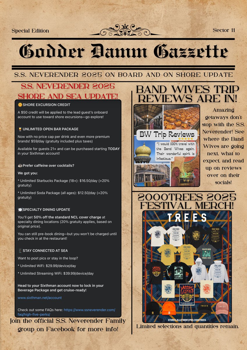 Godder Damm Gazzette (@gdgazzette) on Twitter photo Check out an update for this year’s <a href="/SSNeverender/">SSNeverender</a>! Join the official facebook group for info: facebook.com/share/g/1AjSq3…
Read about past Band Wives adventures, and then, plan your own! bandwivespod.com
Pick up leftover <a href="/2000trees/">2000trees Festival</a> merch, here: stores.allotment.pro/2000trees/ Check out an update for this year’s <a href="/SSNeverender/">SSNeverender</a>! Join the official facebook group for info: facebook.com/share/g/1AjSq3…
Read about past Band Wives adventures, and then, plan your own! bandwivespod.com
Pick up leftover <a href="/2000trees/">2000trees Festival</a> merch, here: stores.allotment.pro/2000trees/