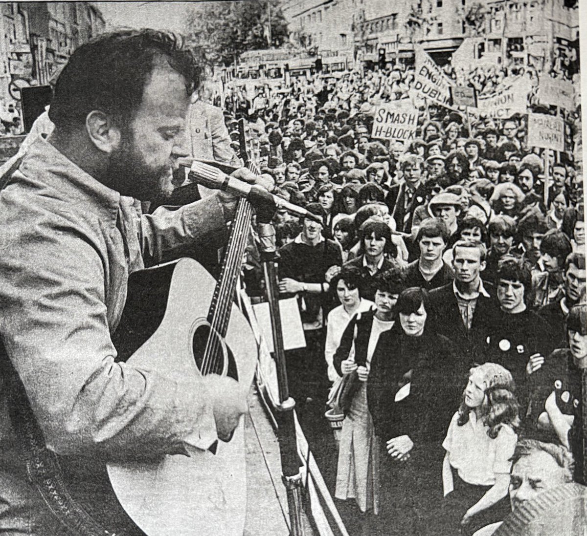 Christy Moore singing his then new H Block song Ninety Miles From Dublin town at an anti H Block rally Dublin June 1980