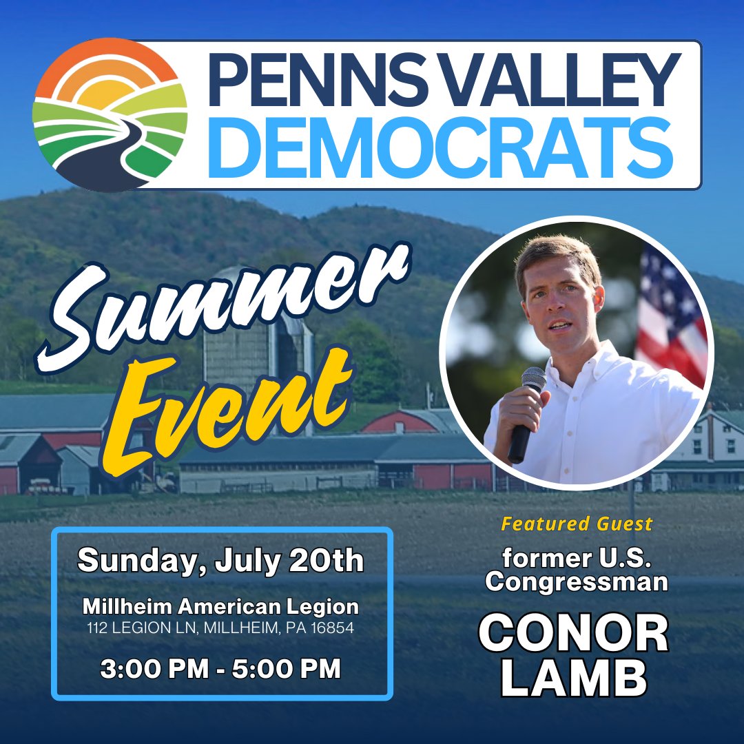 ZeiglerForPA's tweet image. It looks like @ConorLambPA should be able to make it to the Penns Valley Dems Summer Event & we look forward to seeing you at our event! You'll get to meet Judge Stella Tsai for Commonwealth Court, @ScottConklinPA, and many others! Show support here: secure.actblue.com/donate/pennsva…