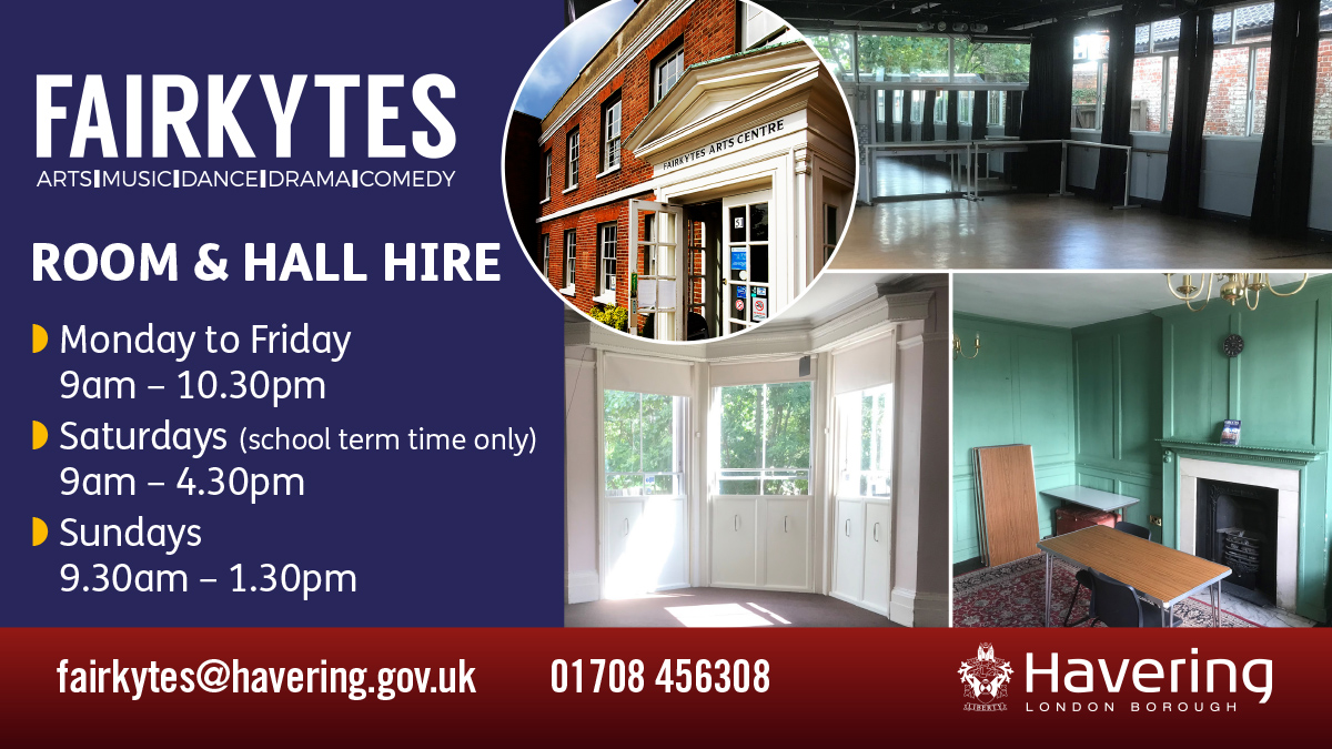 FairkytesArts's tweet image. ROOMS FOR HIRE!

Fairkytes has 12 rooms available to hire for your club/society meeting, arts &amp;amp; crafts session, or exercise class.

Rooms charged per hour with every 3rd hour discounted (see below). For information, please telephone 01708 456308 or email fairkytes@havering.gov.uk