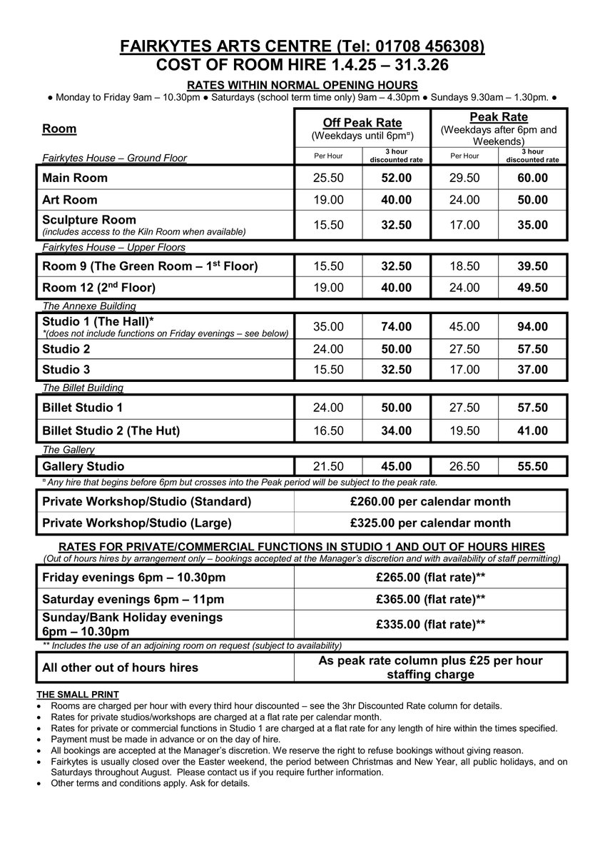 FairkytesArts's tweet image. ROOMS FOR HIRE!

Fairkytes has 12 rooms available to hire for your club/society meeting, arts &amp;amp; crafts session, or exercise class.

Rooms charged per hour with every 3rd hour discounted (see below). For information, please telephone 01708 456308 or email fairkytes@havering.gov.uk