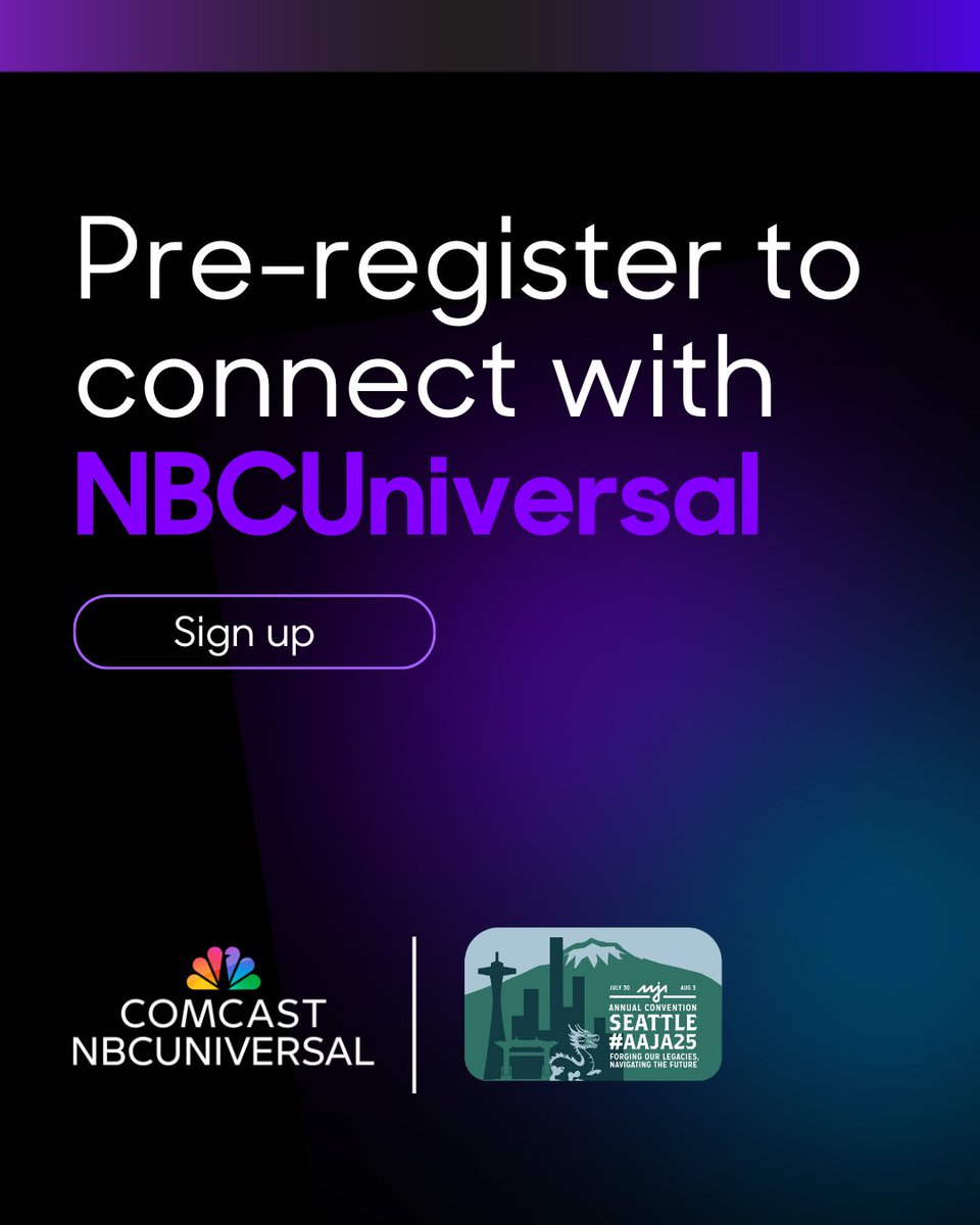 aaja's tweet image. Pre-register to connect with @NBCUniversal at #AAJA25! Click here to meet with hiring leaders from NBCUniversal News Group: smrtr.io/rzm9p