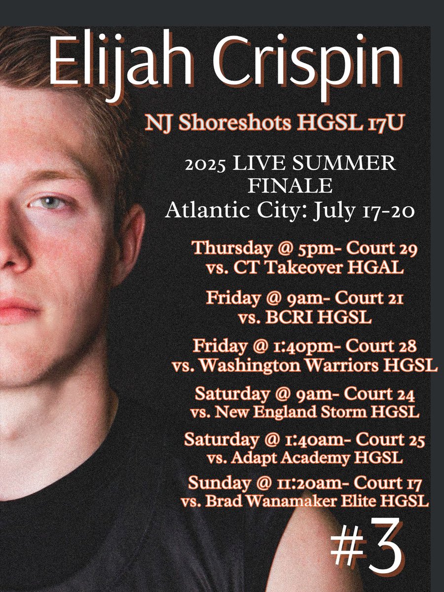 Elijah Crispin (@elijahcrispin3) on Twitter photo Here is my schedule for the <a href="/TheHoopGroup/">Hoop Group</a> Summer Finale.
<a href="/PerkBasketball/">Perkiomen School Basketball</a> <a href="/NJShoreshotBoys/">NJ ShoreShots Boys</a> Here is my schedule for the <a href="/TheHoopGroup/">Hoop Group</a> Summer Finale.
<a href="/PerkBasketball/">Perkiomen School Basketball</a> <a href="/NJShoreshotBoys/">NJ ShoreShots Boys</a>