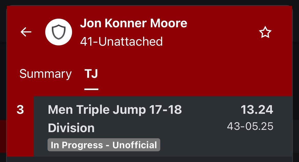 JonKonnerMoore's tweet photo. 43’5.25 usatf region meet
next meet savannah ga junior olympics
#TrackAndField #recruit #triplejump #usatf #juniorolympics https://t.co/MPk2p3hy7b