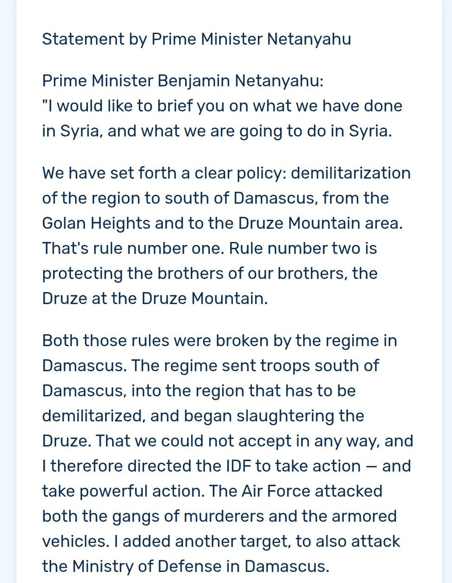 Geeta_Mohan's tweet image. Big statement by Israeli PM Netanyahu on Syria and the Druze community:

"That will also be our policy going forward — we will not allow Syrian army forces to enter the region south of Damascus, and will not allow any harm to the Druze at the Druze Mountain."