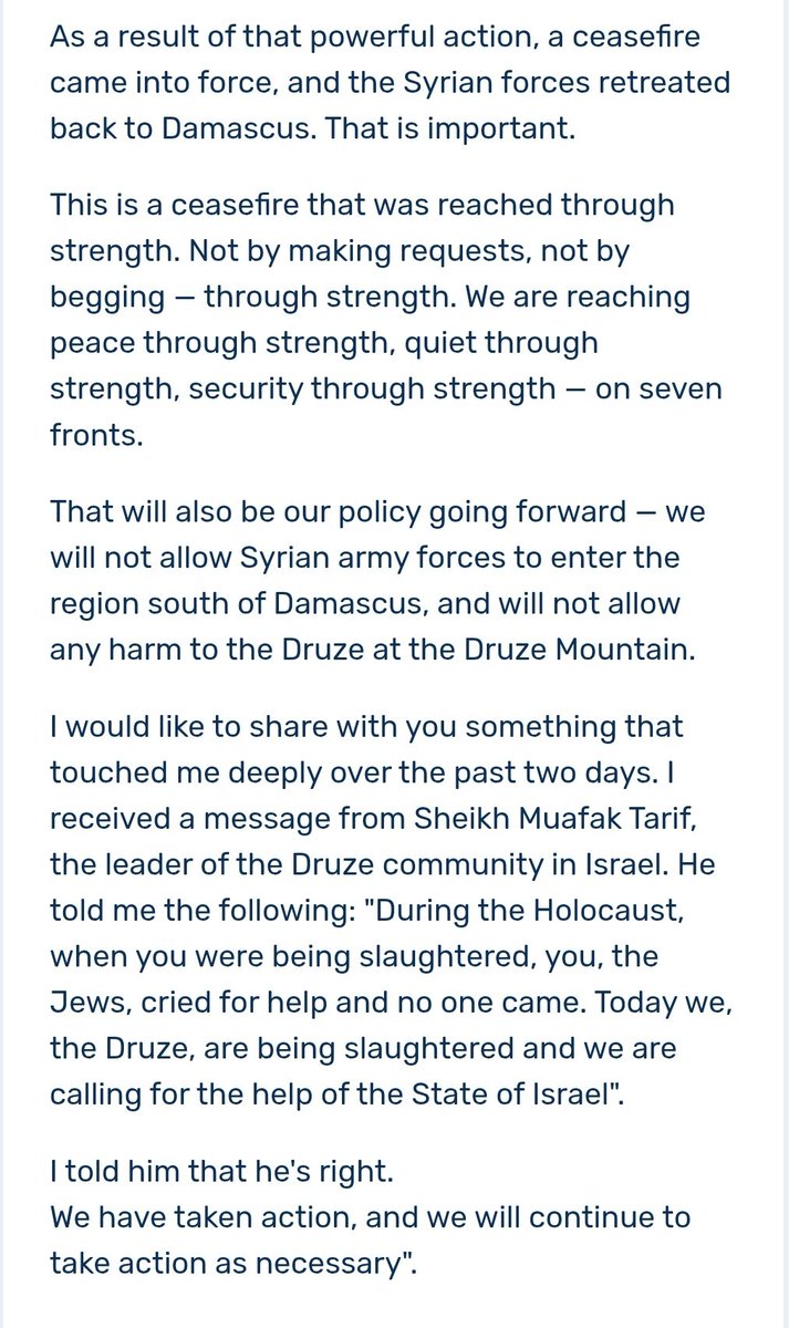 Geeta_Mohan's tweet image. Big statement by Israeli PM Netanyahu on Syria and the Druze community:

"That will also be our policy going forward — we will not allow Syrian army forces to enter the region south of Damascus, and will not allow any harm to the Druze at the Druze Mountain."