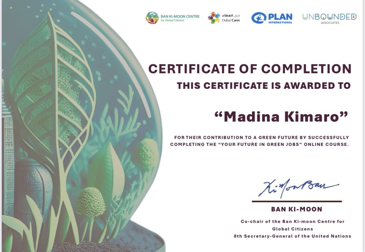 MadinaJubilate's tweet image. Just completed Your Future in Green Jobs online course by @bankimooncentre
Grateful for the knowledge, tools & vision to drive green skills and inclusive climate action in my work with youth & communities.💚
#greenjobs #skills #youth