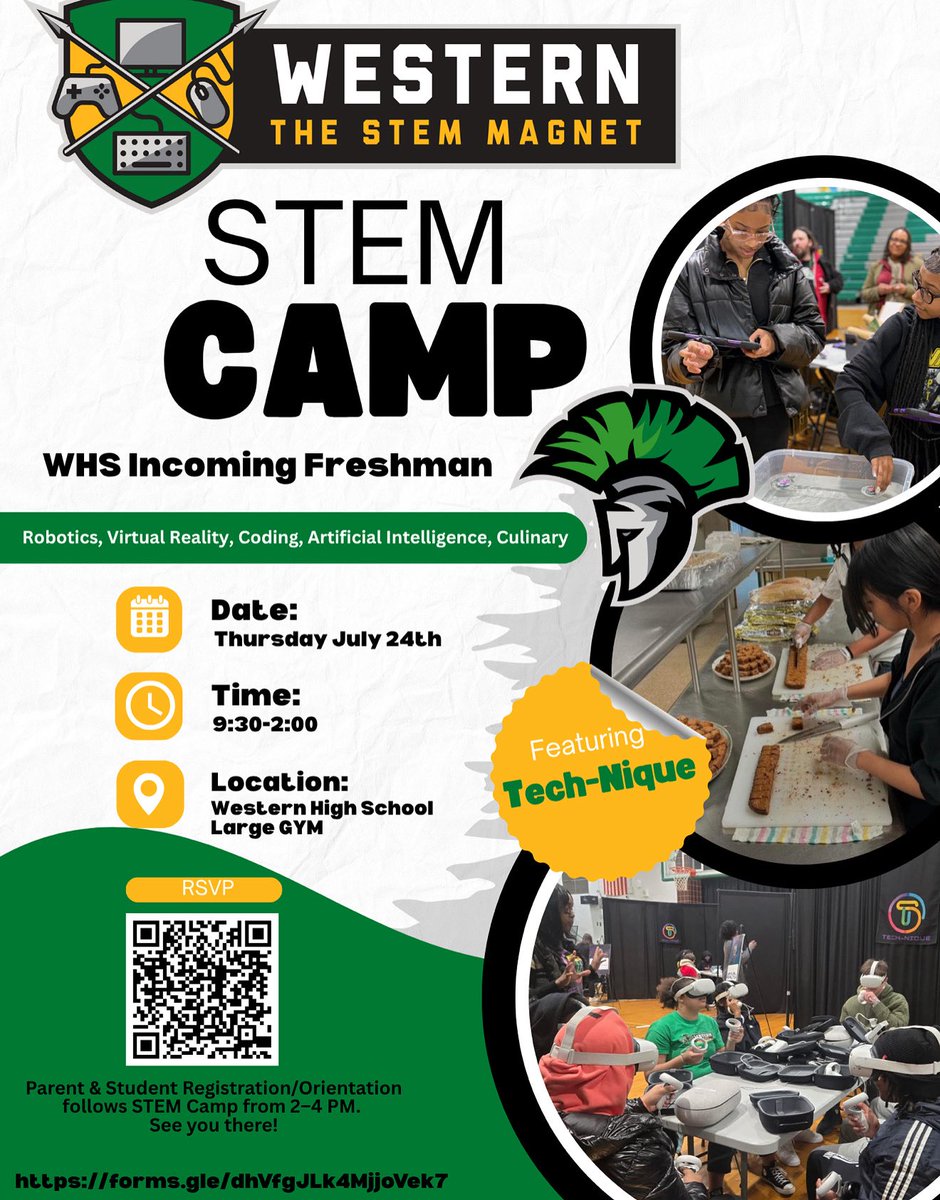 WesternTheSTEM's tweet image. 🚨 We’re excited to welcome our rising 9th graders to an hands-on experience featuring Robotics, Virtual Reality, Coding, Artificial Intelligence, Culinary Arts—and a special feature with Tech-Nique! 🤖💻🍳

📅 Register now using the QR code below!
#STEMCamp #FutureWarriors