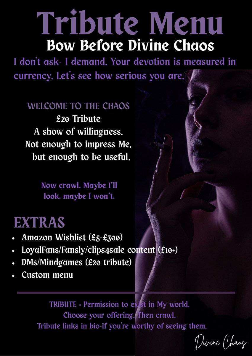 Divine_Chaos26's tweet photo. 🔥Updated menues🔥

😈£20 tribute

🔗 https://t.co/FH1DzMtT8X 💬📸🎥

 https://t.co/Uq4sb0Y4kv 🎥📸💬

https://t.co/FCGNCIVttj 🎥

Welcome to the Chaos, I’ll be watching. https://t.co/SjcIYV5I30