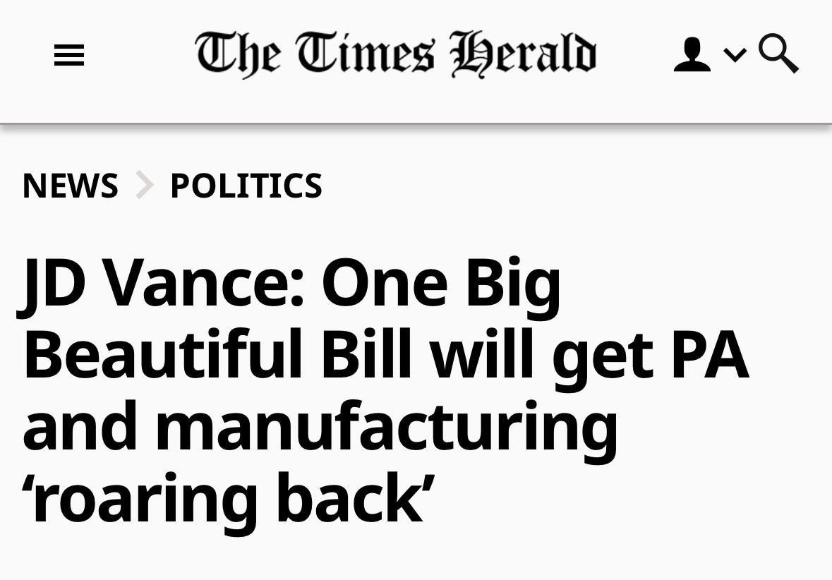 VPCommsDir's tweet image. The Times Herald | @VP: One Big Beautiful Bill will get PA and manufacturing ‘roaring back’
"Thanks to President Trump’s leadership, if you work overtime, the federal government is not going to take a dime of that overtime."
timesherald.com/2025/07/16/van…