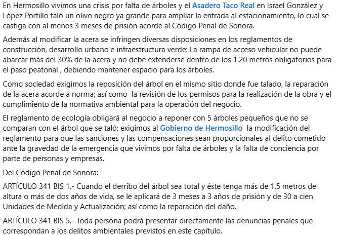 Caminantes del Desierto A.C. (@cddesierto) on Twitter photo En medio de una onda de calor y la emergencia climática que vivimos en Hermosillo, #TacoReal del López Portillo e Israel Gonzalez tala un árbol e invade la acera para ampliar el acceso al estacionamiento. <a href="/HermosilloGob/">Gobierno de Hermosillo</a> <a href="/fgjesonora/">Fiscalía de Sonora</a> En medio de una onda de calor y la emergencia climática que vivimos en Hermosillo, #TacoReal del López Portillo e Israel Gonzalez tala un árbol e invade la acera para ampliar el acceso al estacionamiento. <a href="/HermosilloGob/">Gobierno de Hermosillo</a> <a href="/fgjesonora/">Fiscalía de Sonora</a>