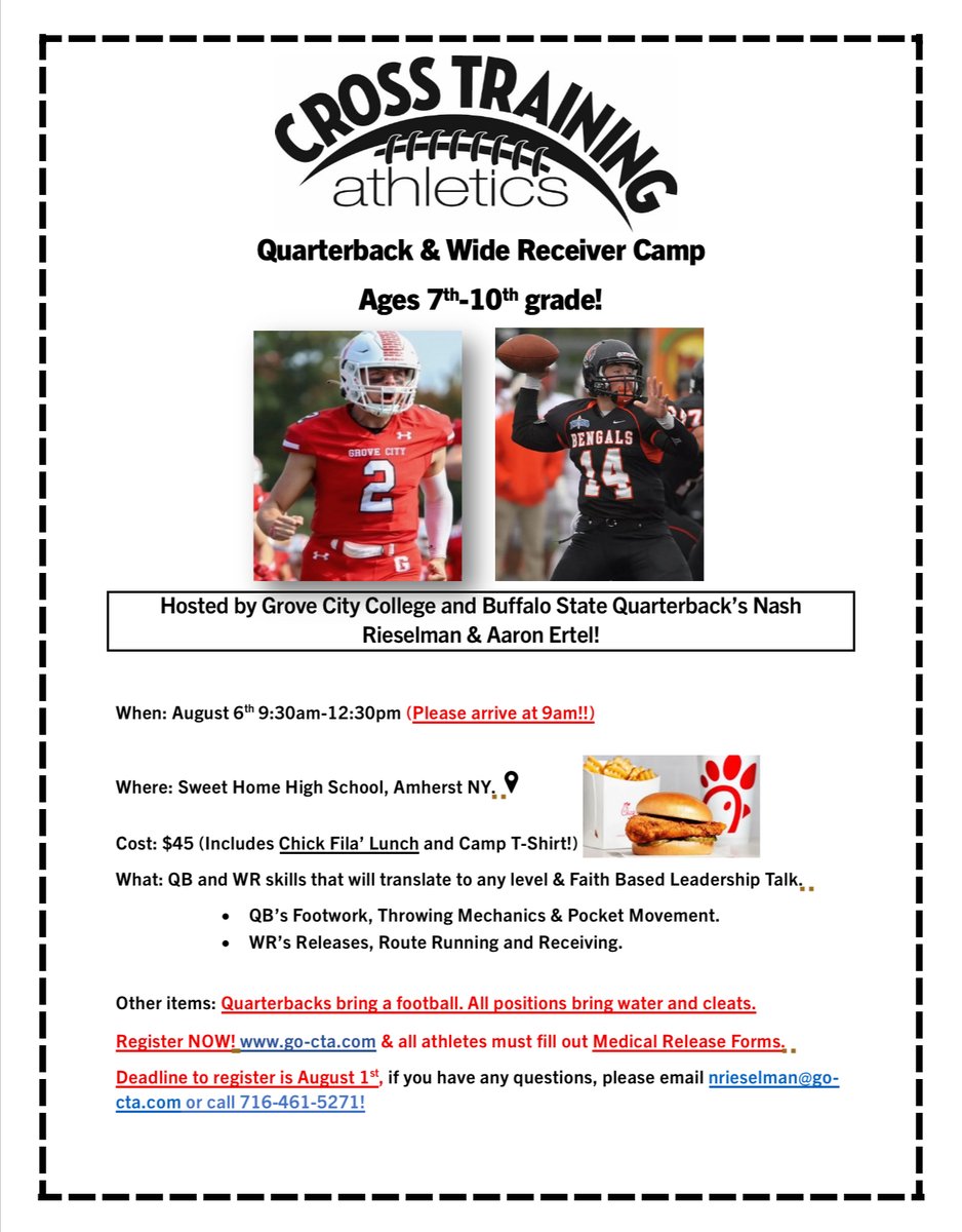 CrossTrainingA's tweet image. Calling all QBs & WRs in 7th–10th grade! Join us on August 6th for a Cross Training Athletics Camp! This camp is packed with elite training and faith-based leadership!
📍 Sweet Home High School
🕘 Arrive by 9:00 AM
💲 $45(Includes T-shirt & lunch!)
📅 Deadline to register:Aug 1st