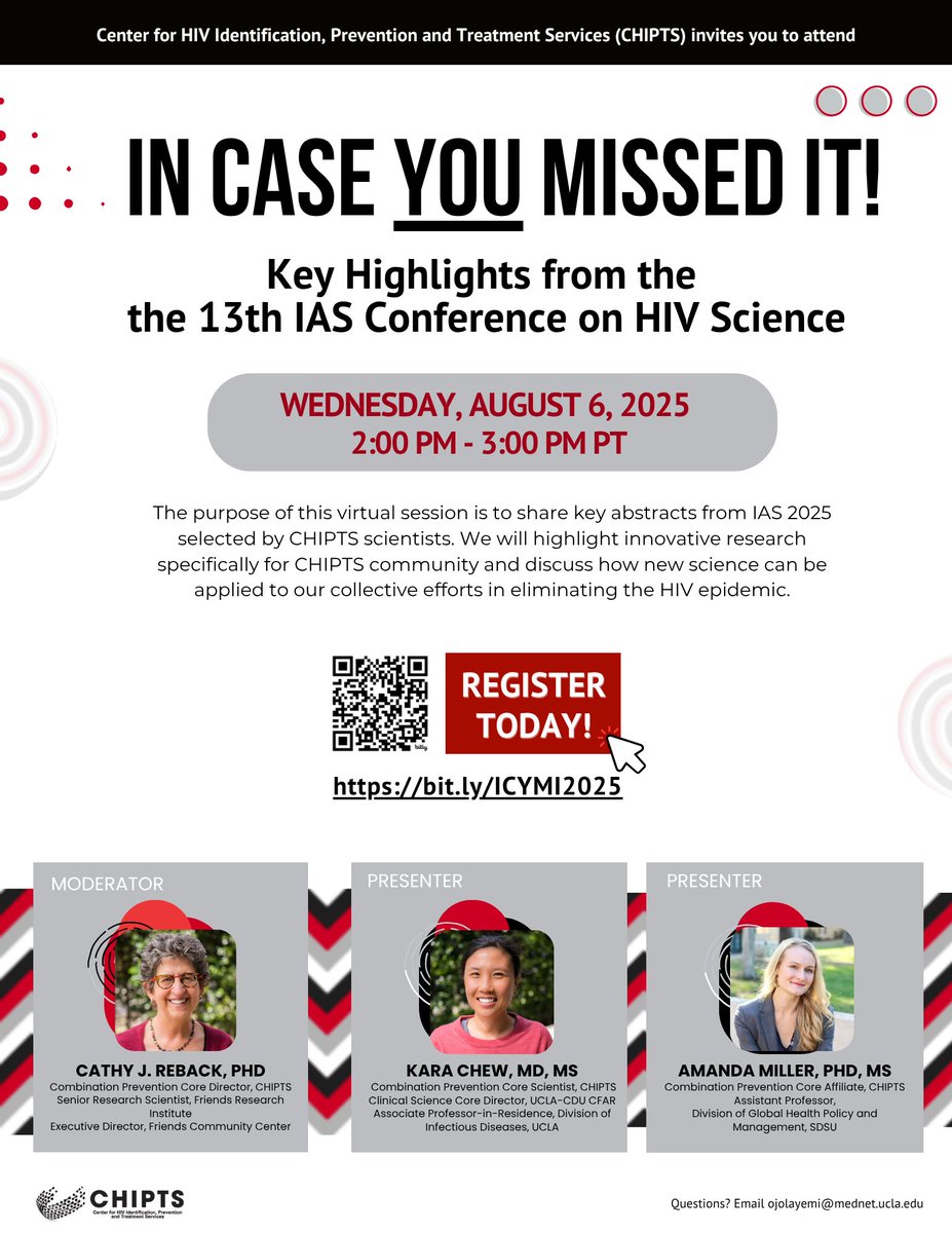 CHIPTS's tweet image. We are excited to share that some of our amazing CHIPTS investigators that are in attendance at #IAS2025 are planning to share key highlights from the conference in an #ICYMI session designed for our #CHIPTS community. Register here: bit.ly/ICYMI2025
