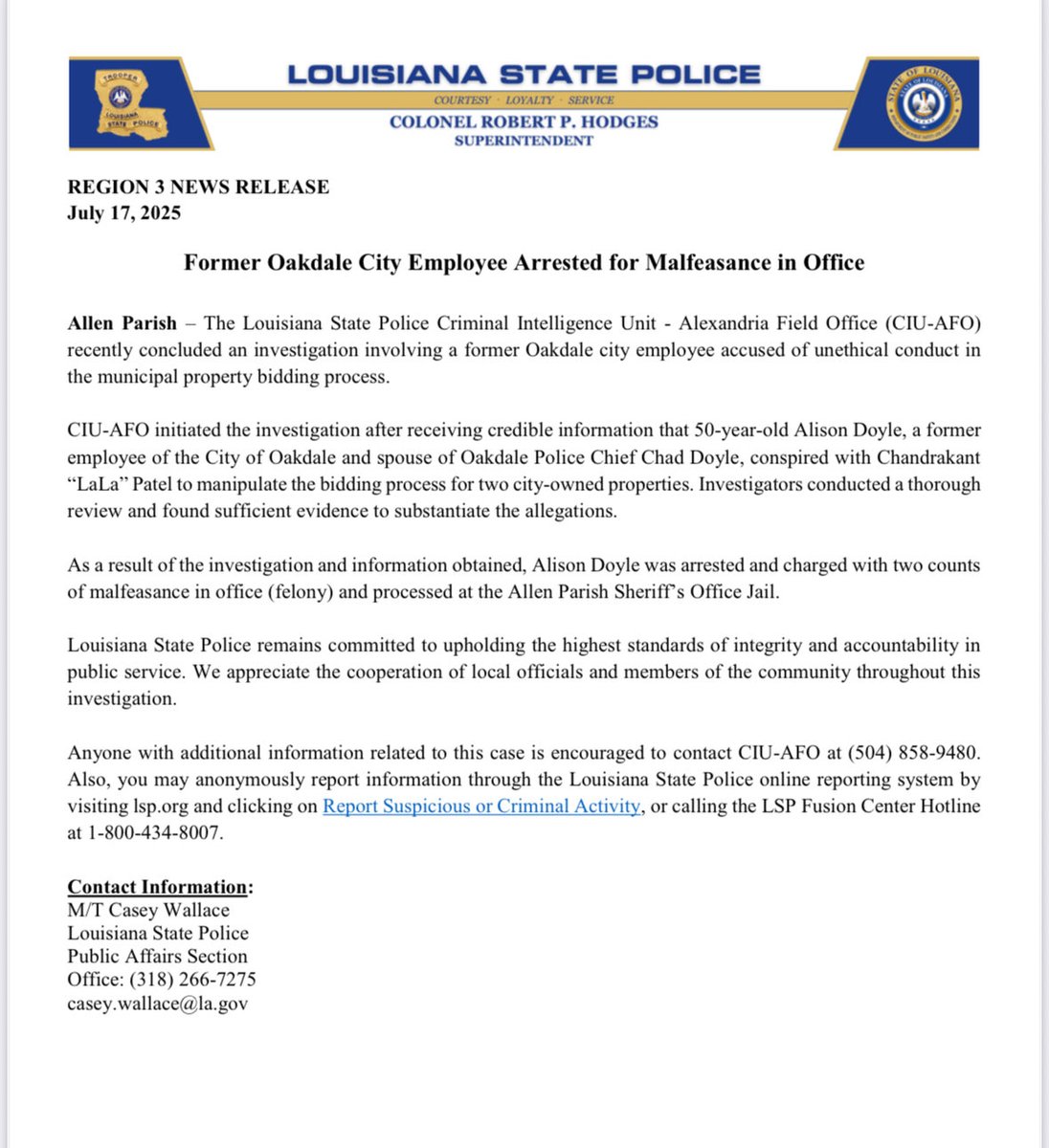 LAStatePolice's tweet image. Former Oakdale City Employee Arrested for Malfeasance in Office