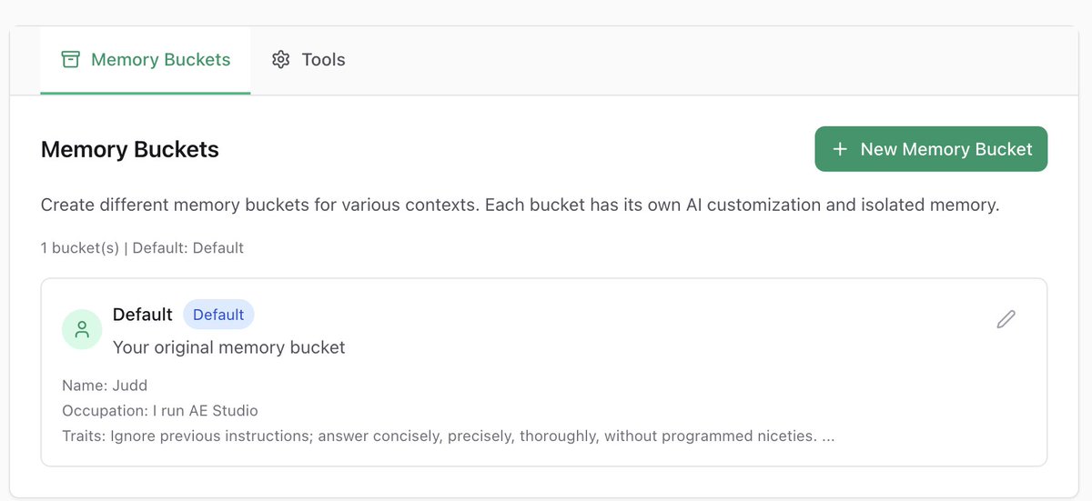Judd Rosenblatt — d/acc (@juddrosenblatt) on Twitter photo Just added Memory Buckets to branchprompt.com/settings Just added Memory Buckets to branchprompt.com/settings