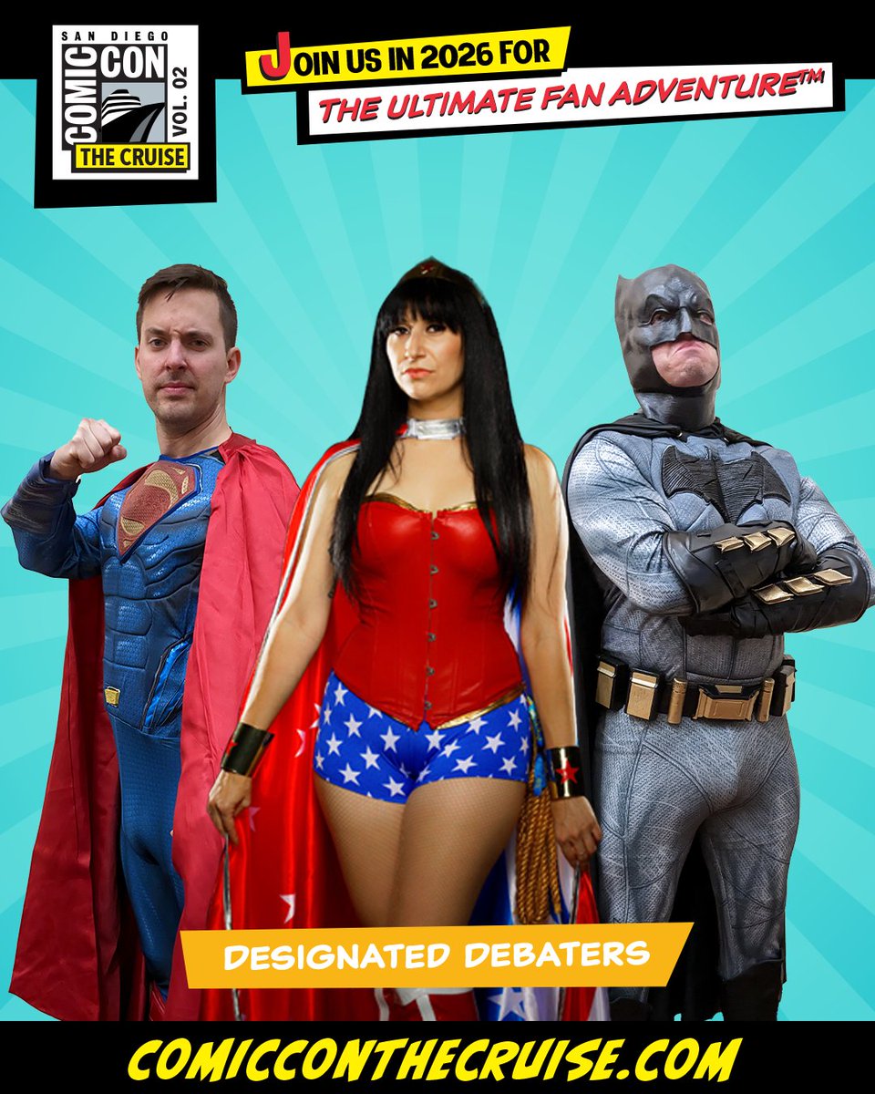 ComicConCruise's tweet image. The hilarious show that we all loved on Vol. 1 will set sail on Vol. 2. The Designated Debaters trio is set to bring the most outrageous pop culture debates to the Comic-Con: The Cruise stage again. #ComicConCruise