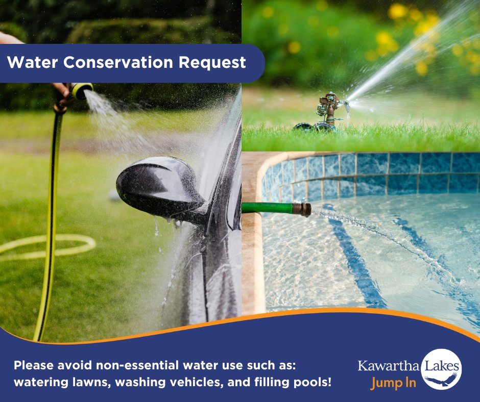 💧 Help conserve water this summer!

Please cut back on non-essential water use during hot, dry weather.
🚫 No lawn watering
🚫 No car washing
🚫 Don’t fill pools from the tap
Let’s protect our drinking water sources—every drop counts!

Details: kawarthalakes.ca/en/news/kawart…