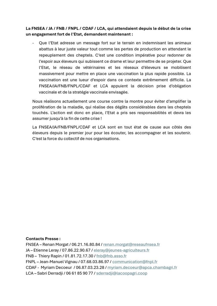 La FNSEA (@fnsea) on Twitter photo 🗞️ Communiqué | 🐂☣️ #Dermatose nodulaire contagieuse (#DNC) : #FNSEA, <a href="/JeunesAgri/">Jeunes Agriculteurs</a>, FNB (<a href="/EleveursBovins/">FNB</a>),<a href="/FNPLait/">FNPL</a>, CDAF (<a href="/ChambagriFrance/">Chambres d'agriculture France</a>), LCA (<a href="/lacoopagricole/">La Coopération Agricole</a>) actent les décisions prises par l’Etat devant les membres du CNOPSAV Animal face à cette épizootie
🔗 🗞️ Communiqué | 🐂☣️ #Dermatose nodulaire contagieuse (#DNC) : #FNSEA, <a href="/JeunesAgri/">Jeunes Agriculteurs</a>, FNB (<a href="/EleveursBovins/">FNB</a>),<a href="/FNPLait/">FNPL</a>, CDAF (<a href="/ChambagriFrance/">Chambres d'agriculture France</a>), LCA (<a href="/lacoopagricole/">La Coopération Agricole</a>) actent les décisions prises par l’Etat devant les membres du CNOPSAV Animal face à cette épizootie
🔗