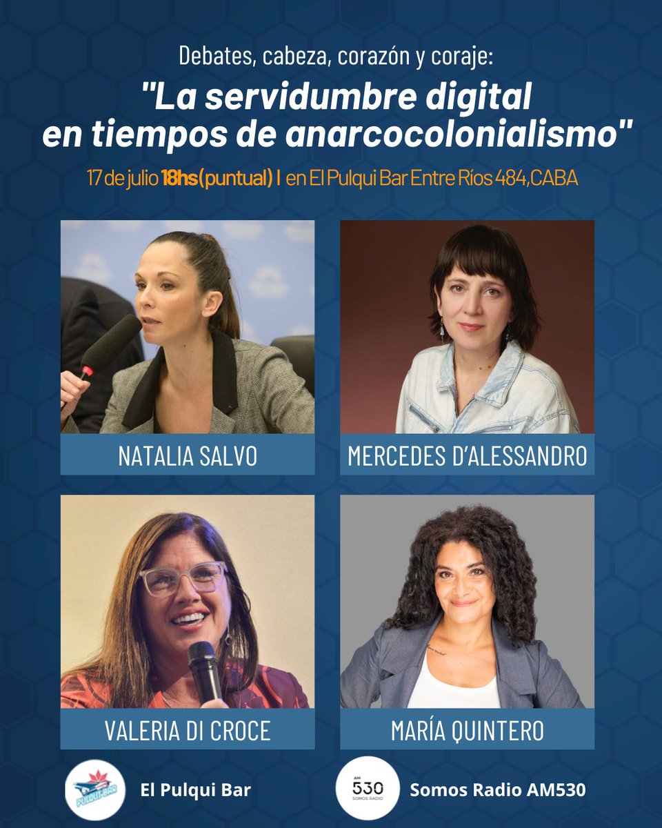 RevistaPPV ⭐️⭐️⭐️ (@revistappv) on Twitter photo #Hoy
17 de julio de 18hs (puntual) en El Pulqui Bar, Entre Ríos 484,CABA.
<a href="/NataliaBSalvo/">Natalia Salvo</a> abogada laboralista; <a href="/dalesmm/">Mercedes DAlessandro</a>, economista y escritora y
Valeria Di Croce, docente y escritora con la moderación de <a href="/MQprensa/">María Quintero ⭐️⭐️⭐️</a>,
periodista, coordinadora de programación AM530 #Hoy
17 de julio de 18hs (puntual) en El Pulqui Bar, Entre Ríos 484,CABA.
<a href="/NataliaBSalvo/">Natalia Salvo</a> abogada laboralista; <a href="/dalesmm/">Mercedes DAlessandro</a>, economista y escritora y
Valeria Di Croce, docente y escritora con la moderación de <a href="/MQprensa/">María Quintero ⭐️⭐️⭐️</a>,
periodista, coordinadora de programación AM530