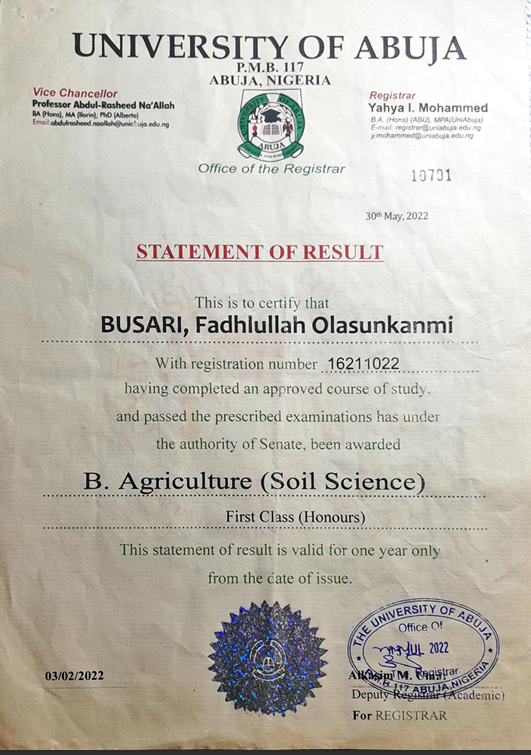 ayodeji_busari's tweet photo. @adekunleGOLD A first class in Agricultural science. Higher higher BIG FISH https://t.co/CrulQBtCjW