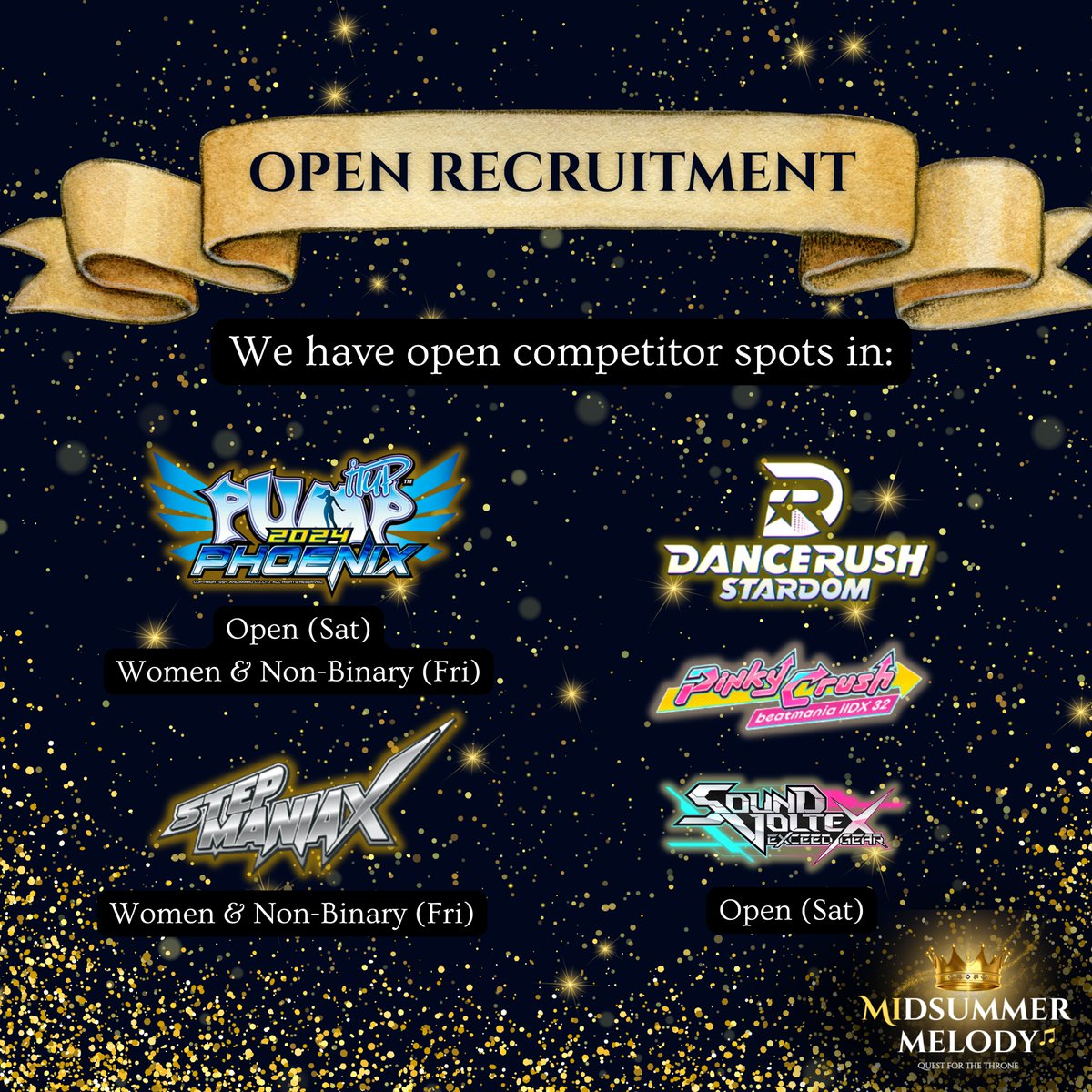 OPEN RECRUITMENT. There's still spots left in a few of our games! Sign up today!: start.gg/midsummer2025