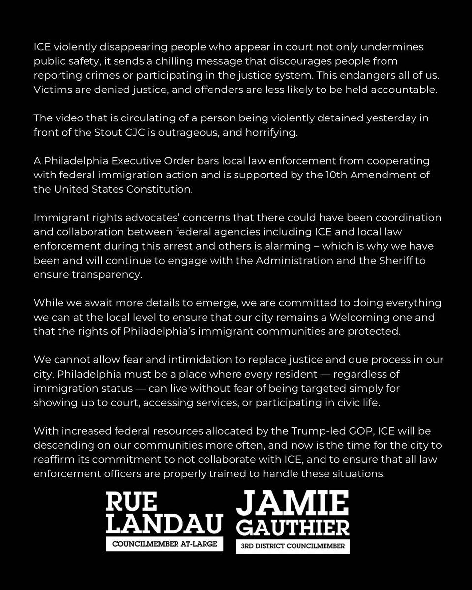 CouncilmemberJG's tweet image. ICE violently disappearing people who appear in court not only undermines public safety, it sends a chilling message that discourages people from reporting crimes or participating in the justice system. This endangers all of us. Victims are denied justice, and offenders are less…