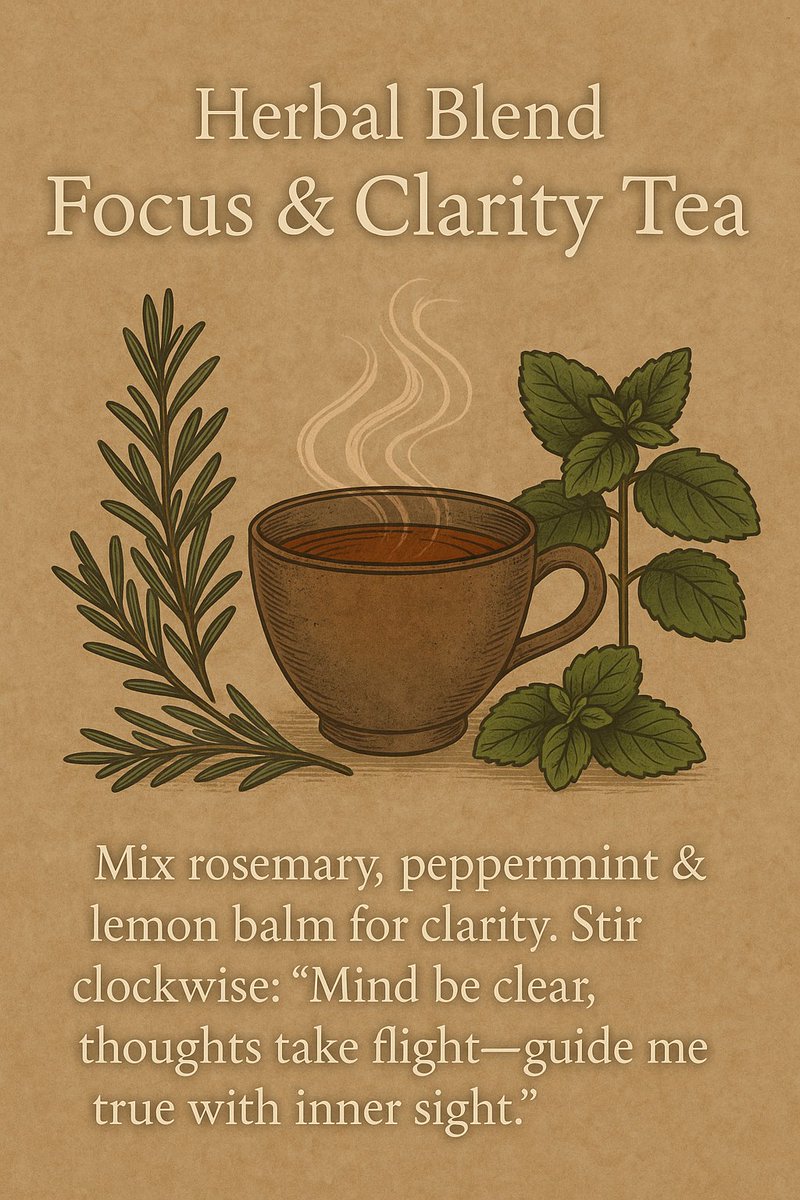 NyxsGrove's tweet image. Apothecary Thursday!

🍵 Herbal Blend: Focus &amp;amp; Clarity Tea
Mix rosemary, peppermint &amp;amp; lemon balm for clarity. 
Stir clockwise: “Mind be clear, thoughts take flight—guide me true with inner sight.”

#HerbalTeaMagic #WitchyWellness #FocusSpell #ApothecaryThursday