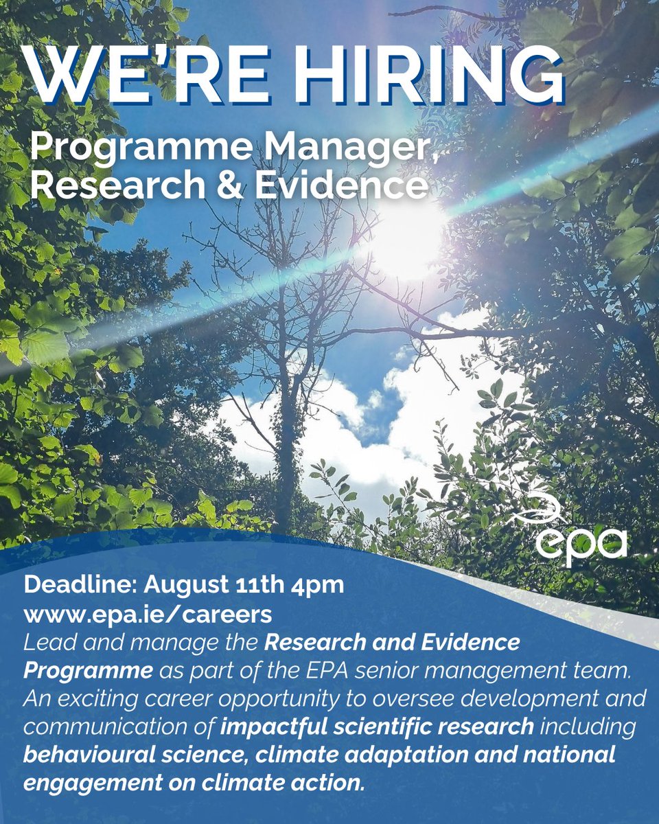 EPAIreland's tweet image. We are #hiring a Programme Manager, Research and Evidence. An exciting career opportunity to join our senior management team & oversee the development & communication of research on Ireland’s environment. Salary starts at €104k, deadline is August 11: epa.ie/careers.