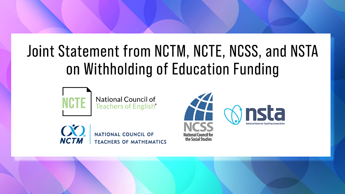 NCSSNetwork's tweet image. "As representatives of the K–12 teachers and leaders in the core subject areas, we are alarmed by the decision to withhold billions of dollars in federal funding that Congress approved for our nation’s schools..."
Read the full joint statement from @ncte,@NCTM, National Council…