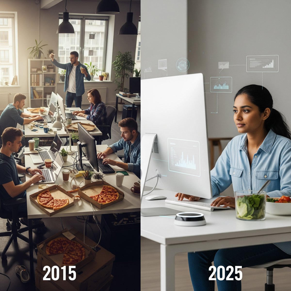 2015 startup life was all hustle and hype: 🚀

VC cash, 12-hour days, pizza for every meal 🍕, tiny but mighty teams, dreaming up the next unicorn.

Fast forward to 2025—everything’s flipped:

Bootstrapped growth, 6 hours of real deep work, brain food junk food 🥗, 100 AI agents
