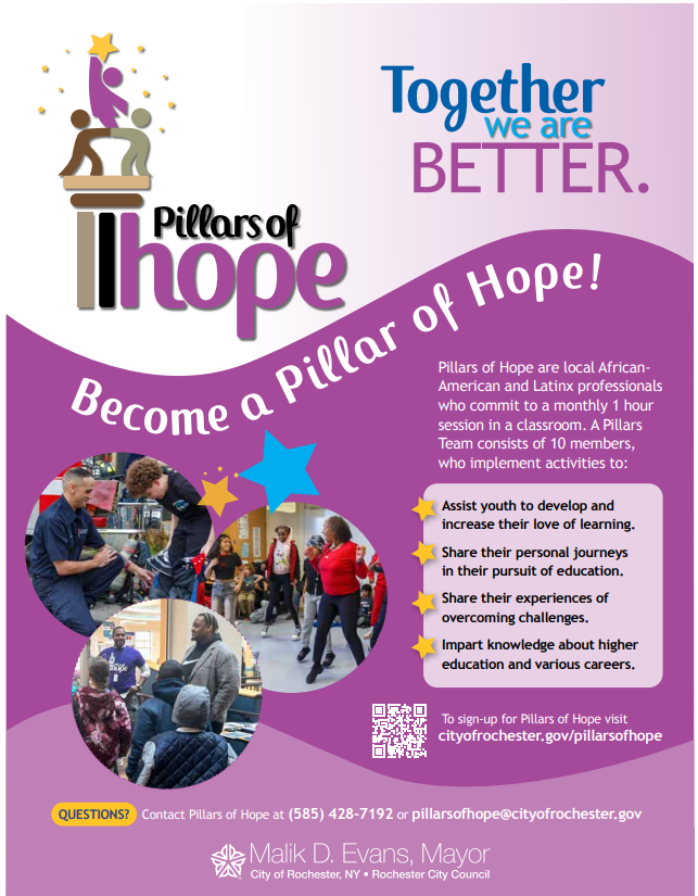 RCSDNYS's tweet image. Help our students see a future that they are part of, become a Pillar of Hope! Learn more and find out about next week's information session at: cityofrochester.gov/pillarsofhope.