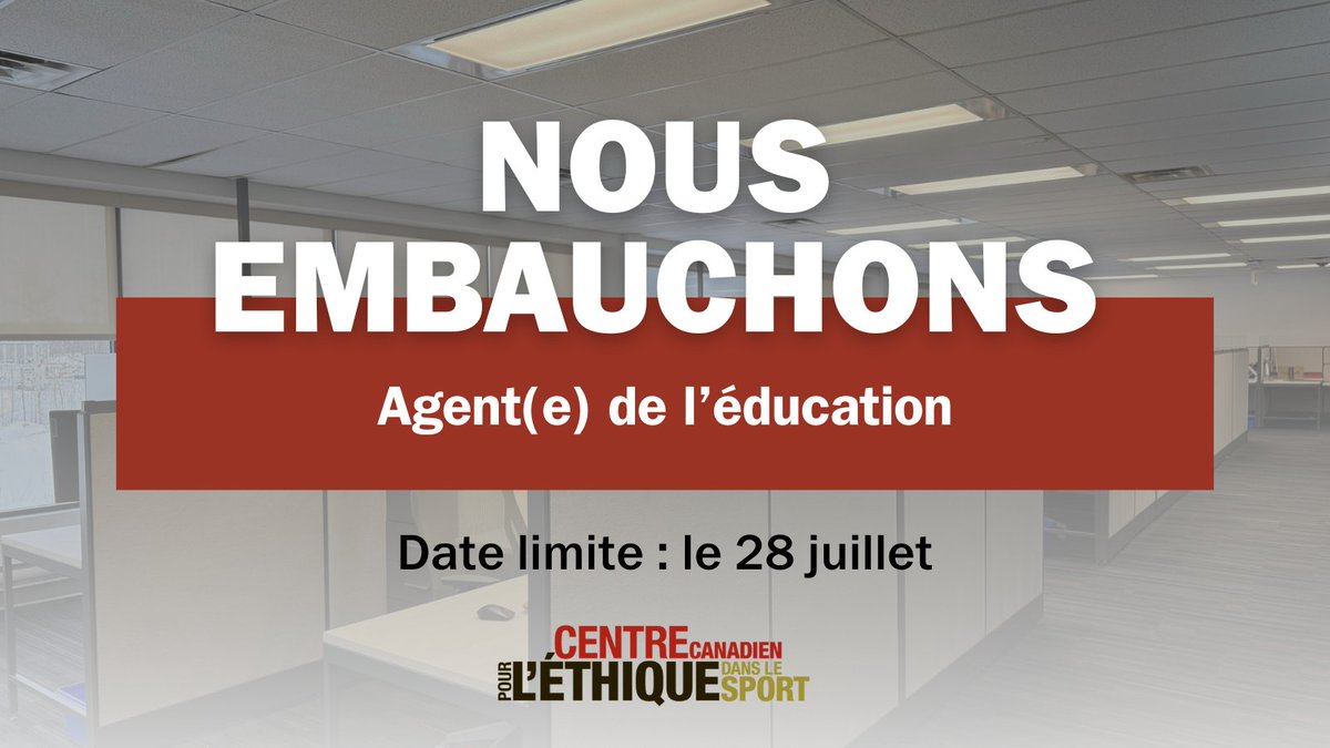 EthicsInSPORT's tweet image. Le CCES est à la recherche d'un agent ou d’une agente de l’éducation. Soumettez votre candidature d’ici le 28 juillet 2025.
Découvrez l’offre et le processus de candidature 👉 cces.ca/fr/agent-ou-ag…