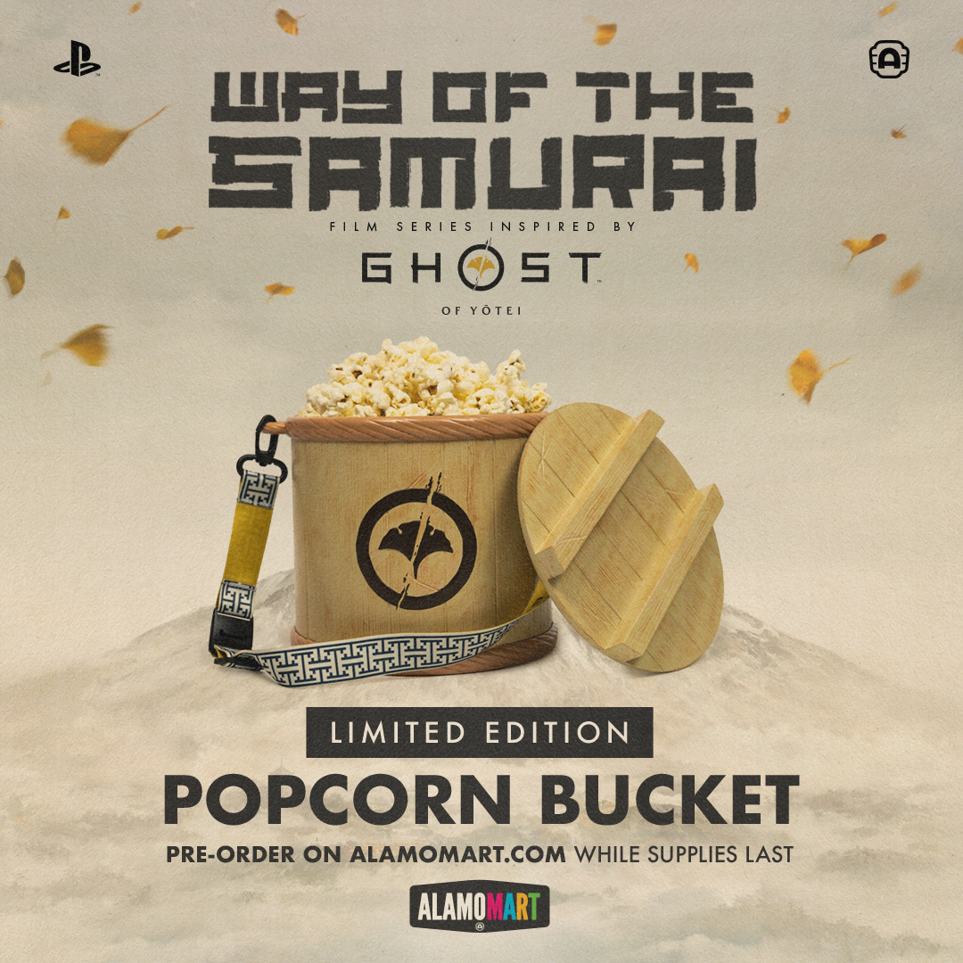 alamodrafthouse's tweet image. Elevate your movie snack game with the limited-edition, hand painted Ghost of Yōtei™ Popcorn Bucket, available exclusively at Alamo Drafthouse to celebrate the Way of the Samurai film series inspired by the upcoming PlayStation® 5 game. This beautifully crafted bucket, shaped…