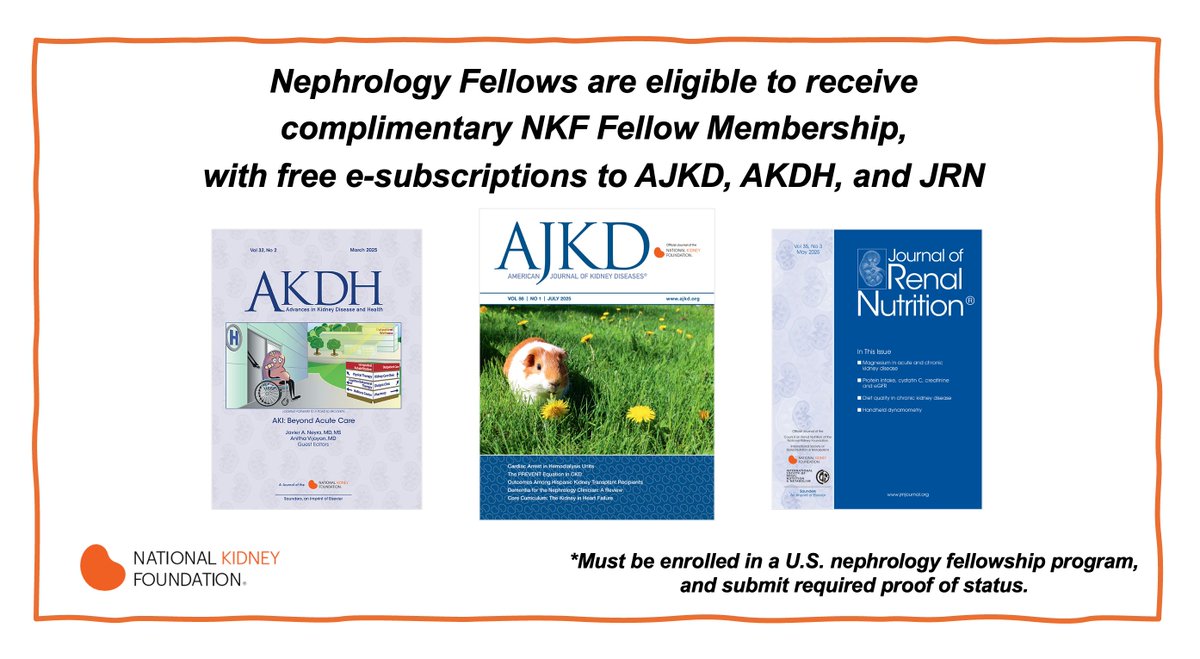 AJKD (@ajkdonline) on Twitter photo Paging Nephrology Fellows in US programs:
You are eligible for complimentary Fellow Membership in <a href="/nkf/">National Kidney Foundation</a> which includes free e-subscriptions to <a href="/AJKDonline/">AJKD</a> + @AKDHjournal + <a href="/JReN_Social/">Journal of Renal Nutrition</a>!
Details: bit.ly/NKFFellows
<a href="/NKF_NephPros/">NKF Nephrology Professionals</a> Paging Nephrology Fellows in US programs:
You are eligible for complimentary Fellow Membership in <a href="/nkf/">National Kidney Foundation</a> which includes free e-subscriptions to <a href="/AJKDonline/">AJKD</a> + @AKDHjournal + <a href="/JReN_Social/">Journal of Renal Nutrition</a>!
Details: bit.ly/NKFFellows
<a href="/NKF_NephPros/">NKF Nephrology Professionals</a>