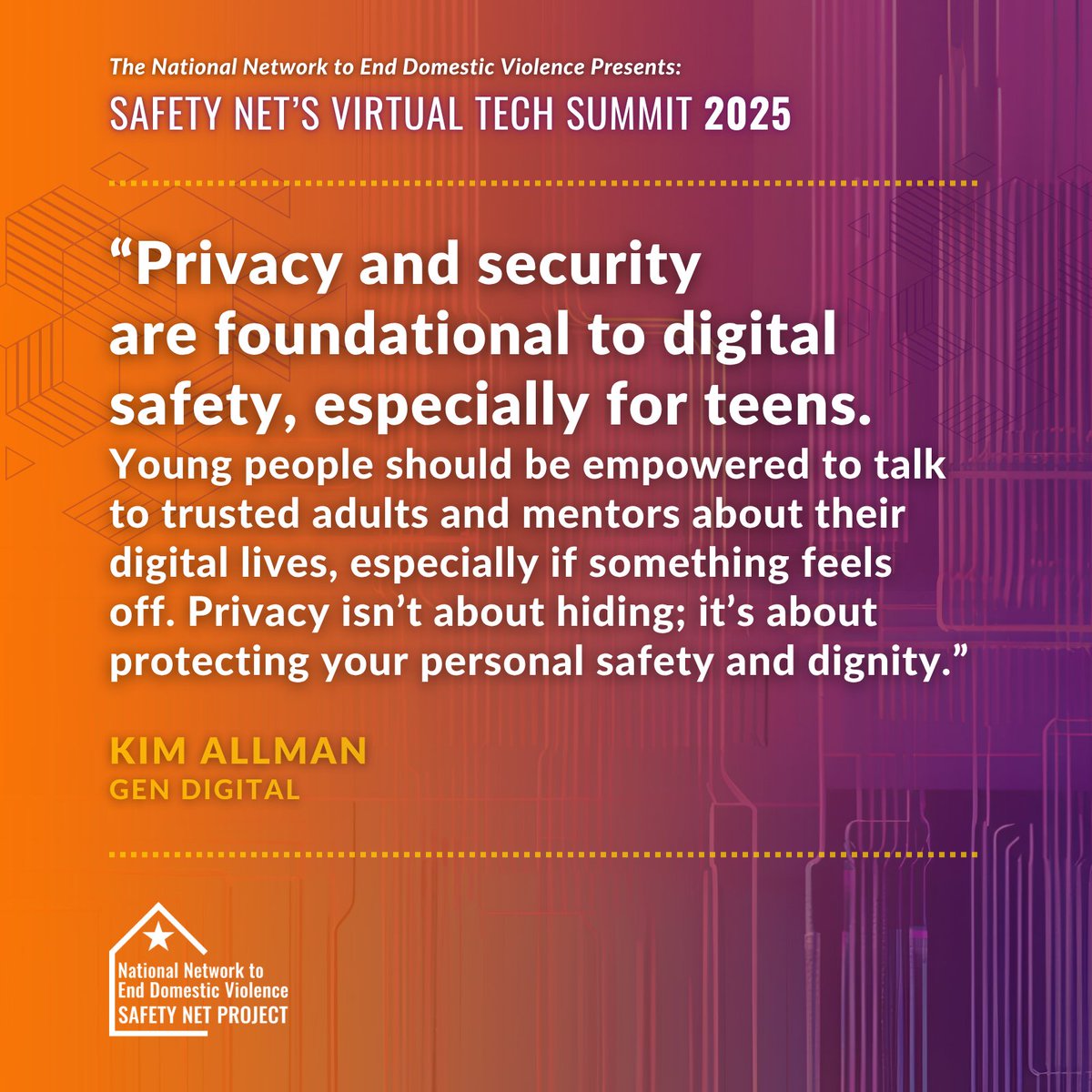 nnedv's tweet image. We're closing out #TechSummit with our Tech Panel, discussing how to support the safe, empowered use of tech. Thanks to Kim Allman (@GenDigital) for this timely reminder that privacy and security are essential to young people — and everyone! — navigating their digital lives. 💜