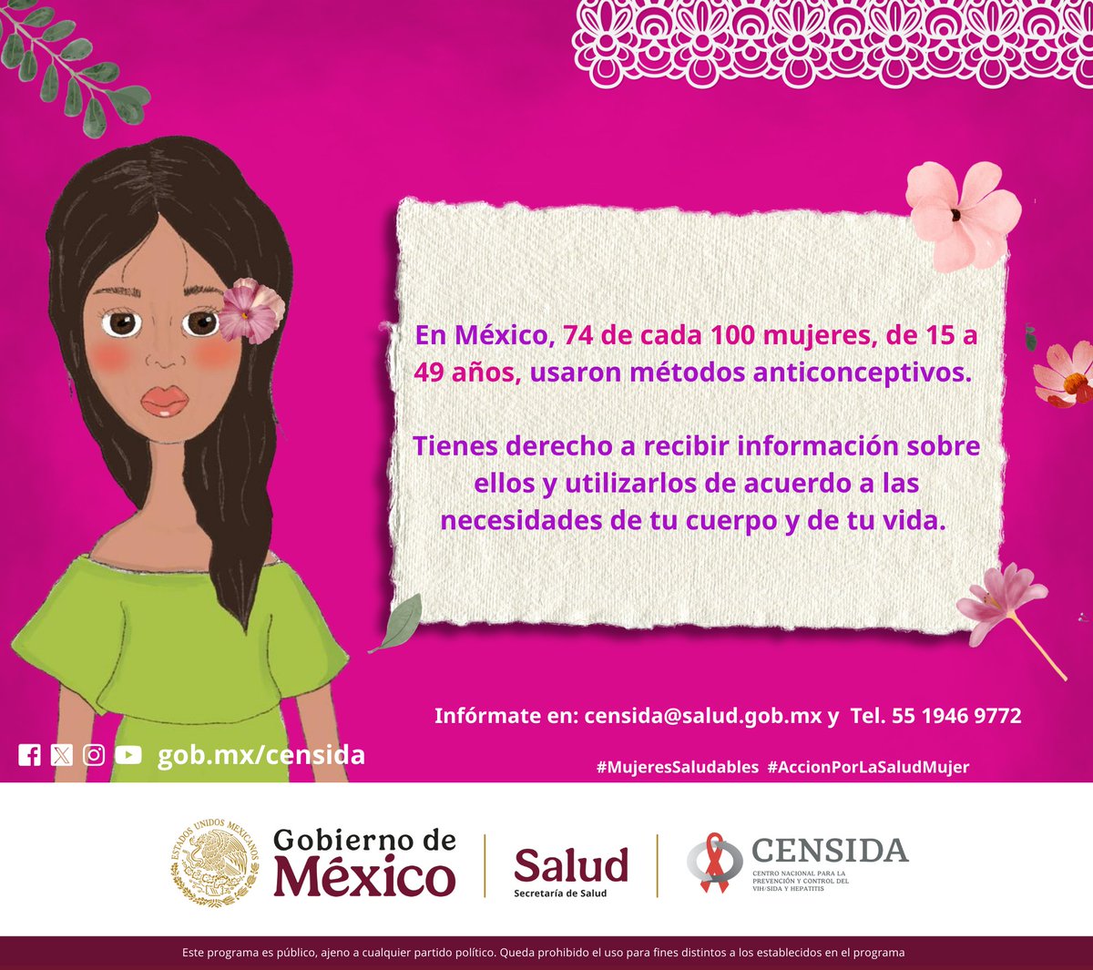 Censida (@censida) on Twitter photo Los derechos humanos de la mujer incluyen el derecho a tener control sobre las cuestiones relativas a su sexualidad, incluida su salud sexual y reproductiva, libre de coerción, la discriminación y la violencia.
Infórmate en: censida@salud.gob.mx y Tel. 55 1946 9772 Los derechos humanos de la mujer incluyen el derecho a tener control sobre las cuestiones relativas a su sexualidad, incluida su salud sexual y reproductiva, libre de coerción, la discriminación y la violencia.
Infórmate en: censida@salud.gob.mx y Tel. 55 1946 9772