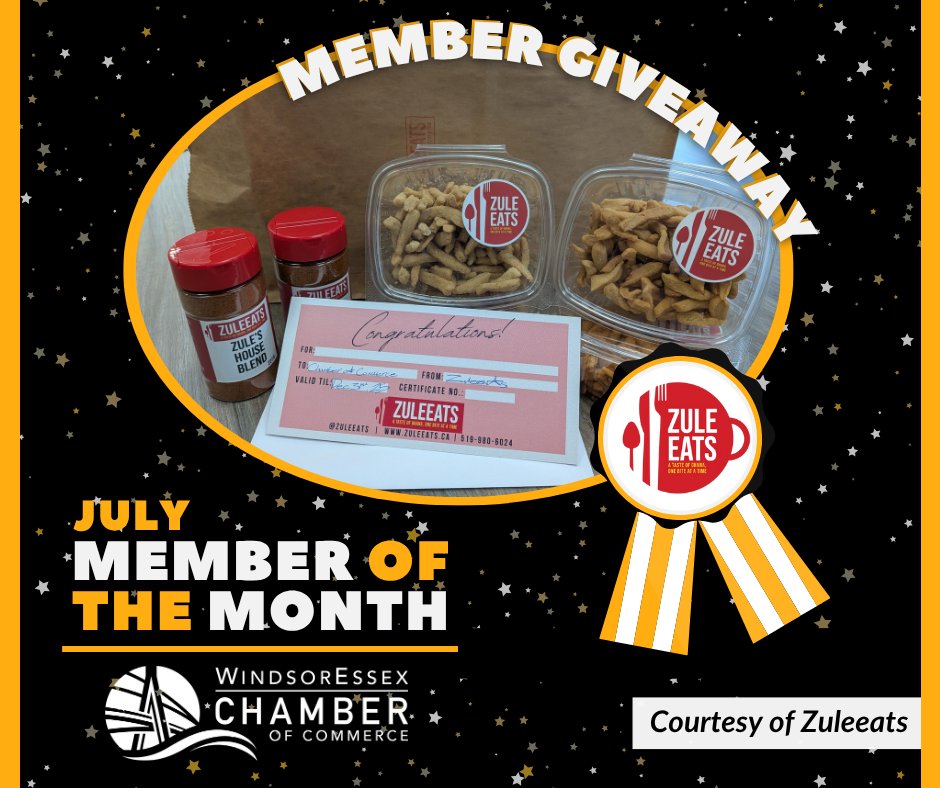 The <a href="/WERCofC/">Windsor Essex Chamber of Commerce</a>'s July Member of the Month is open for entries!

This month, you could win a delicious prize pack from Zuleeats, featuring their house blend of spices, a variety of chips, and a gift certificate for a dozen meat pies of your choice.

Enter at bit.ly/3Wg5lGk