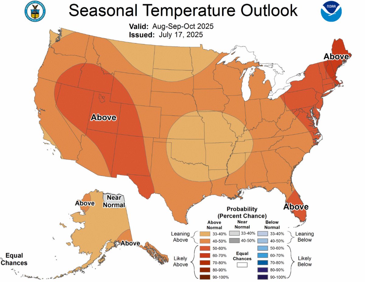 The 90-day forecast from the National Weather Service calls for increased chances of above-normal temps across the entire contiguous U.S. for August through October. 
zurl.co/X7gV9