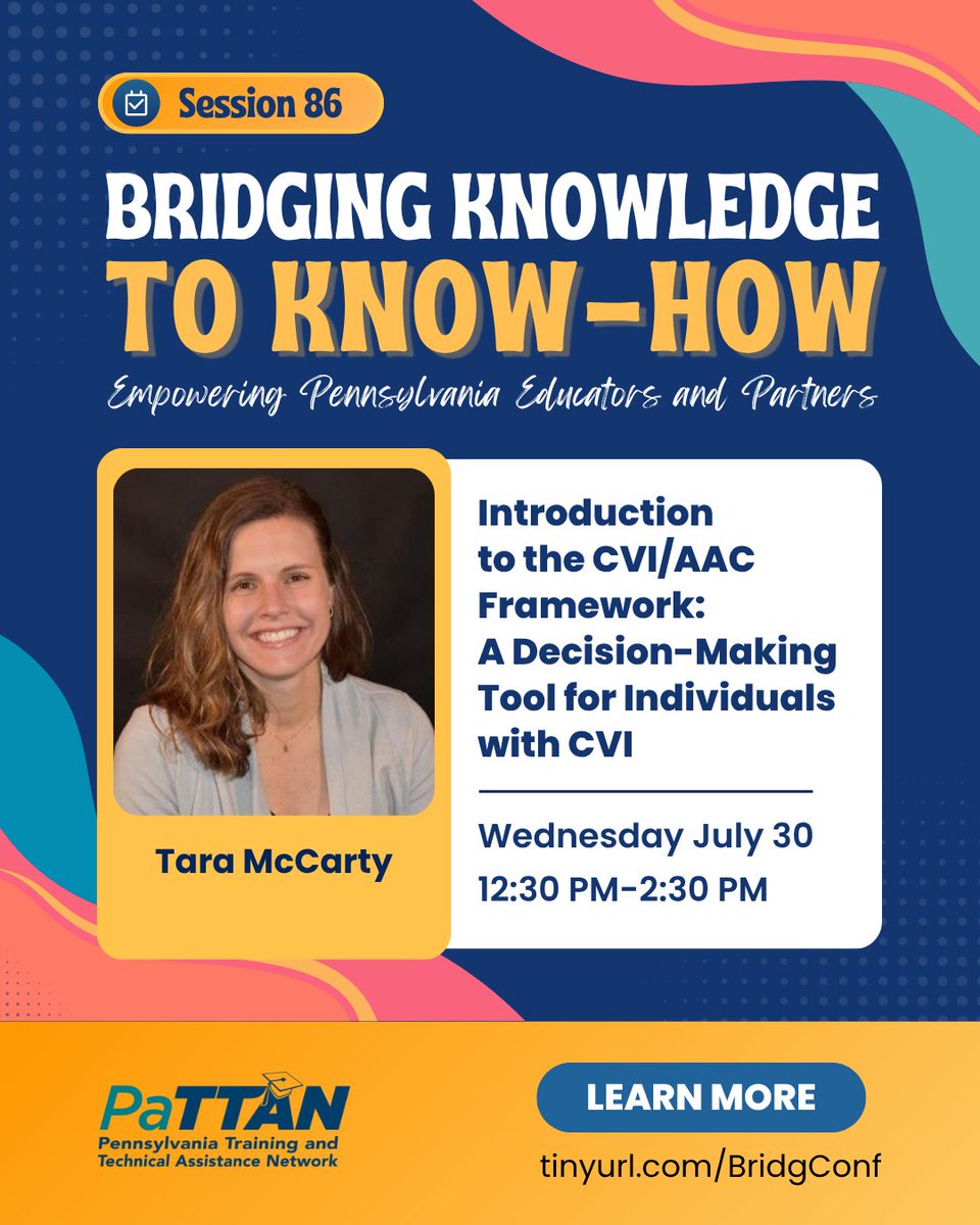 pattanupdates's tweet image. Join Tara McCarty, Jared Van & @BenergyEAC at these #BK2KH2025 sessions! tinyurl.com/BridgConf 🎉
✔️Take a look into one family’s journey with #Autism
✔️Explore the #CVI/AAC Framework, a powerful tool for #AAC solutions
✔️Learn to support students in changing inner behavior