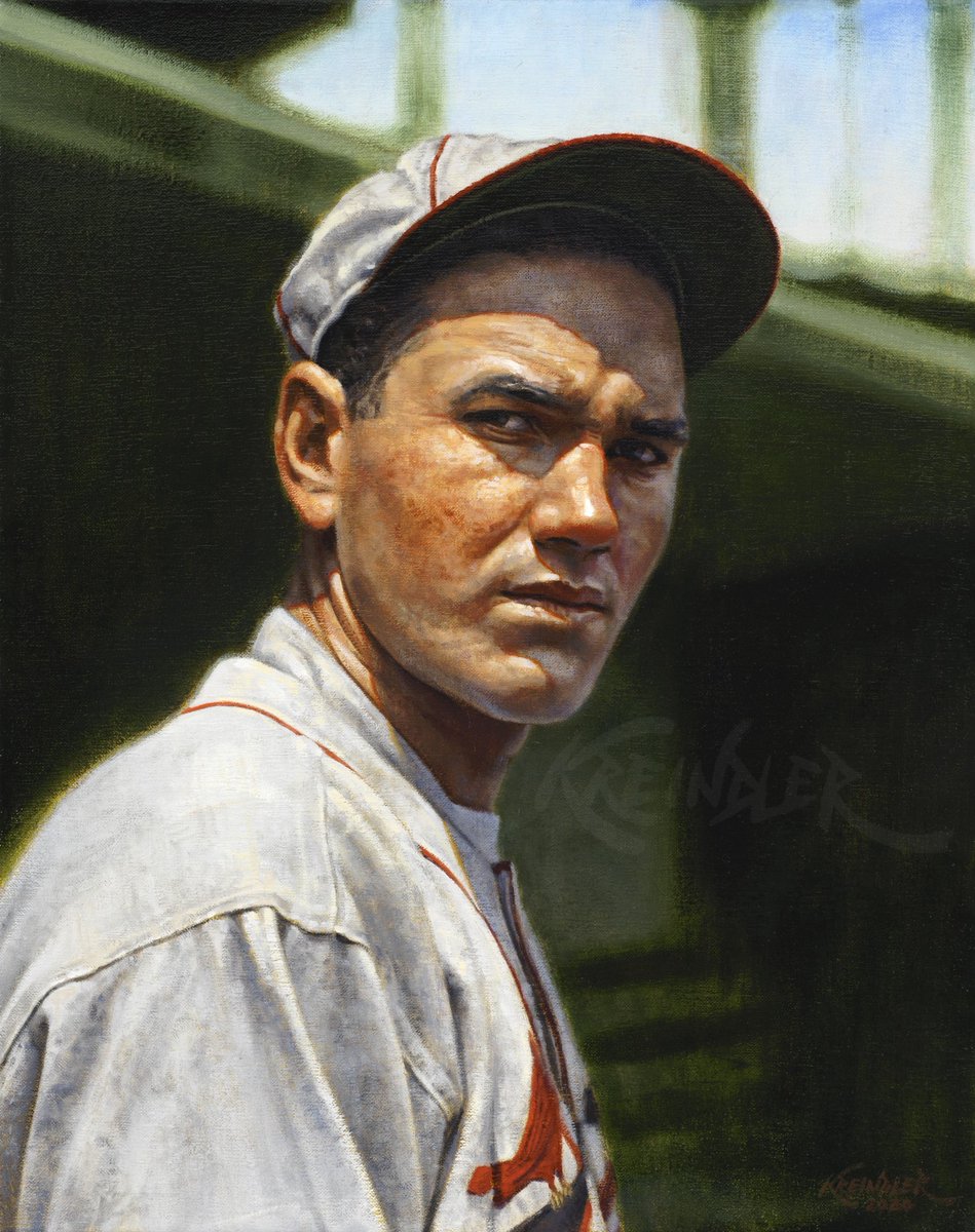 GraigKreindler's tweet image. #OTD in 1974, Jay Hanna "Dizzy" Dean passed away at the age of 64. One of the most dominant and colorful pitchers of his era, he also went on to become a beloved sportscaster in 1941. Here’s my painting of him with St. Louis in 1932, based on the photography of Charles Conlon.