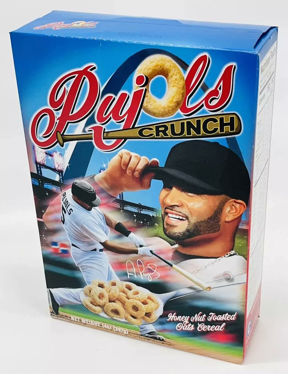 Snack_Memories's tweet image. Pujols Crunch (2022-2023): At the end of his final season in the majors, St. Louis Cardinals' legend Albert Pujols was honored with his own cereal, a Honey Nut Cheerios clone