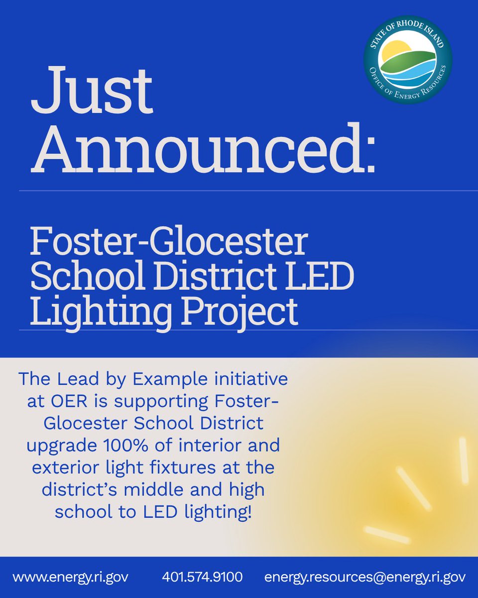 EnergyRI's tweet image. OER has awarded the Foster-Glocester Regional School District a contract for its LED lighting upgrade project. OER’s Lead by Example program is supporting the Foster-Glocester Regional School District in reducing its energy use, improving the learning and recreation environment…