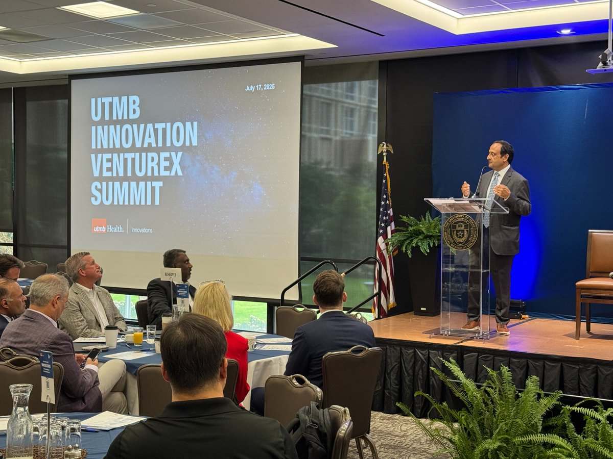 UTMBPresident's tweet image. It was a privilege to welcome and engage with leaders in biotech, health innovation, and venture science in Galveston today for the inaugural VentureX Summit at @UTMBHealth. Together, we are shaping the future of medicine through collaboration, bold ideas, and breakthrough…