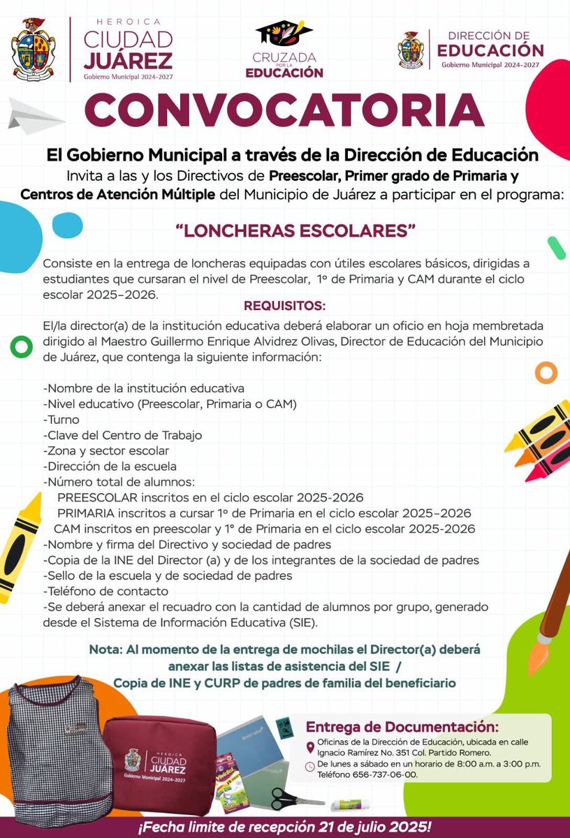 CruzPerzCuellar's tweet photo. ¡Ya está abierta la convocatoria de la Cruzada por la Educación! ✏️🎒
El Gobierno Municipal, a través de la Dirección de Educación, invita a directores y directoras de escuelas públicas de preescolar, primaria, secundaria y CAM a registrarse para recibir LONCHERAS, MOCHILAS Y ÚTILES ESCOLARES para sus estudiantes.
Queremos apoyar a las familias juarenses en este regreso a clases.
Tienen hasta el 21 de julio, aquí les dejo toda la información. 
Si tienen dudas pueden comunicarse al: ☎️ 656 737 0600